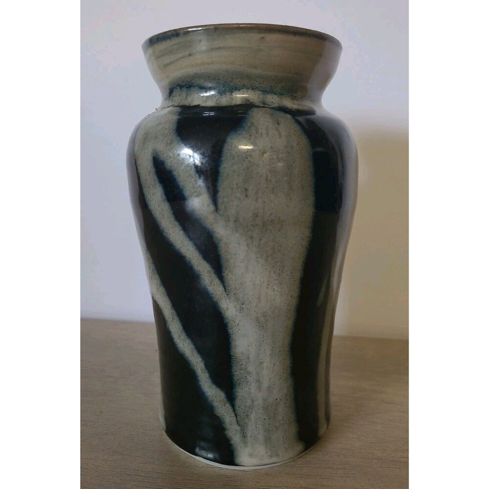 Vintage Hand Turned Studio Pottery Vase Black Tan Swirl Signed 7"
